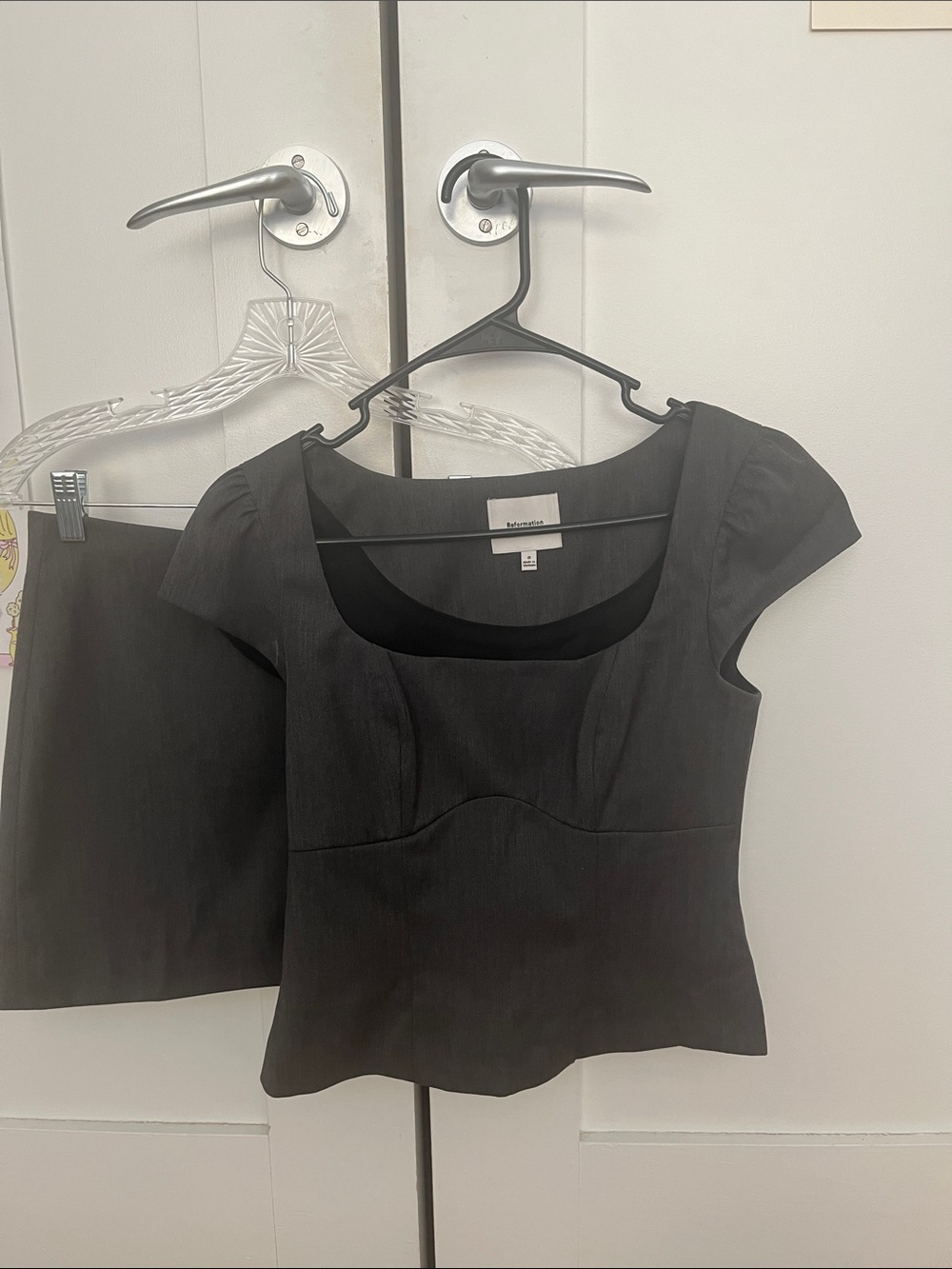 Reformation Gray Twill Scoop-Neck Cap Sleeve Top and Skirt Set